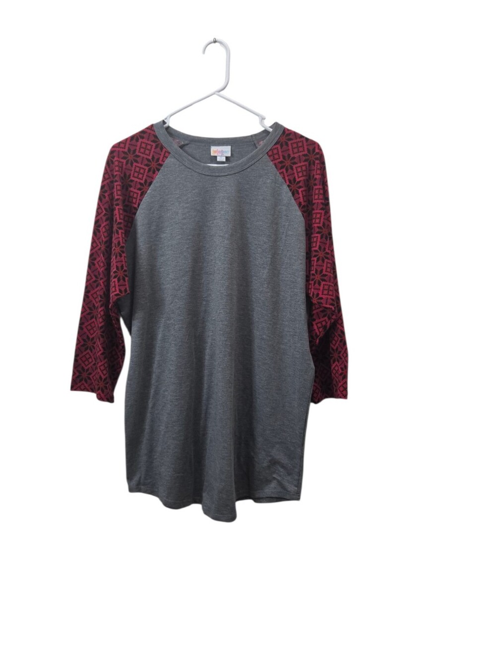 LuLaRoe Randy XL Gray Red Black Fair Isle Raglan 3/4 Sleeve Baseball Tee